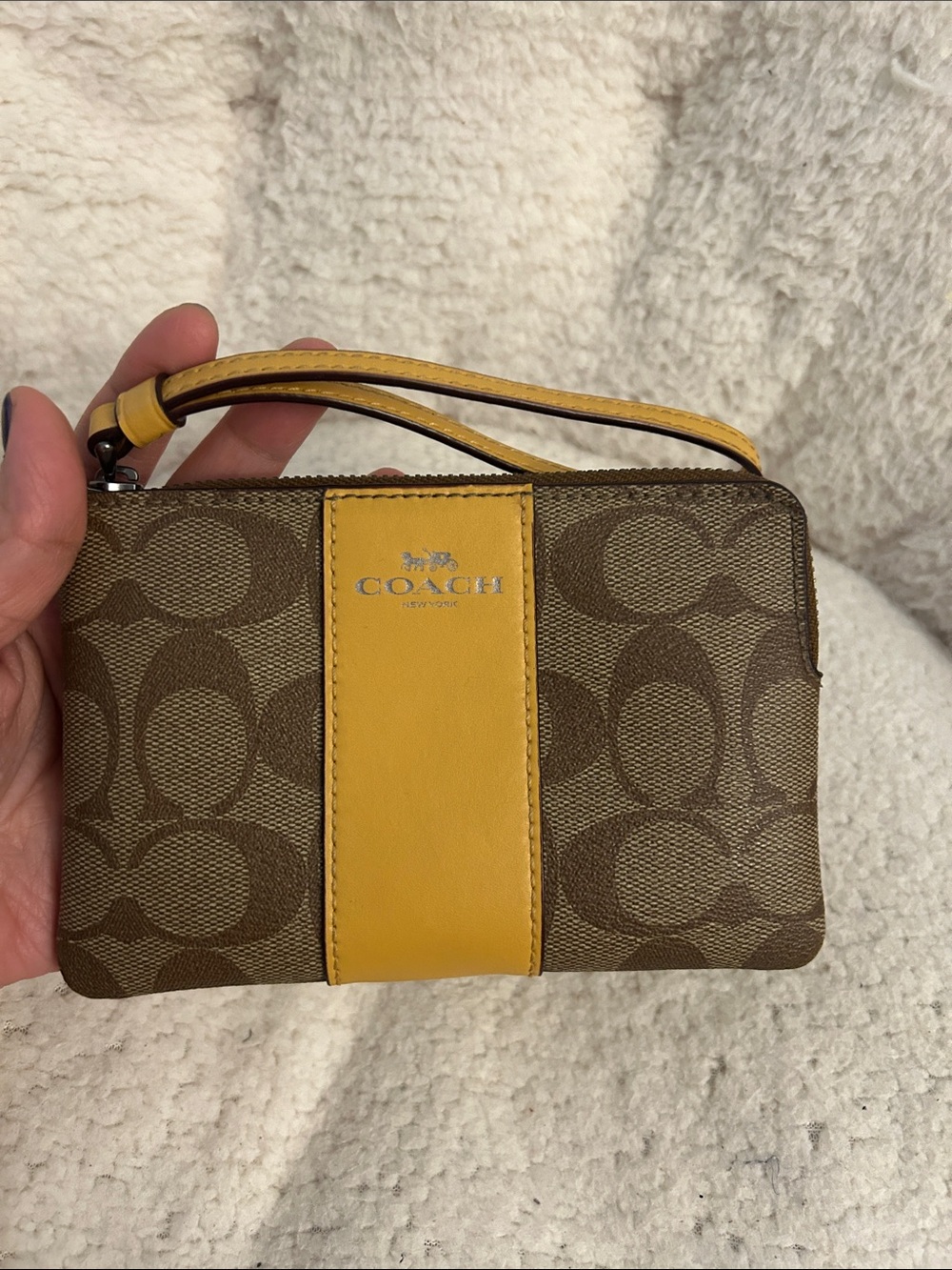 Coach Brown Signature Canvas Wristlet with Yellow Stripe